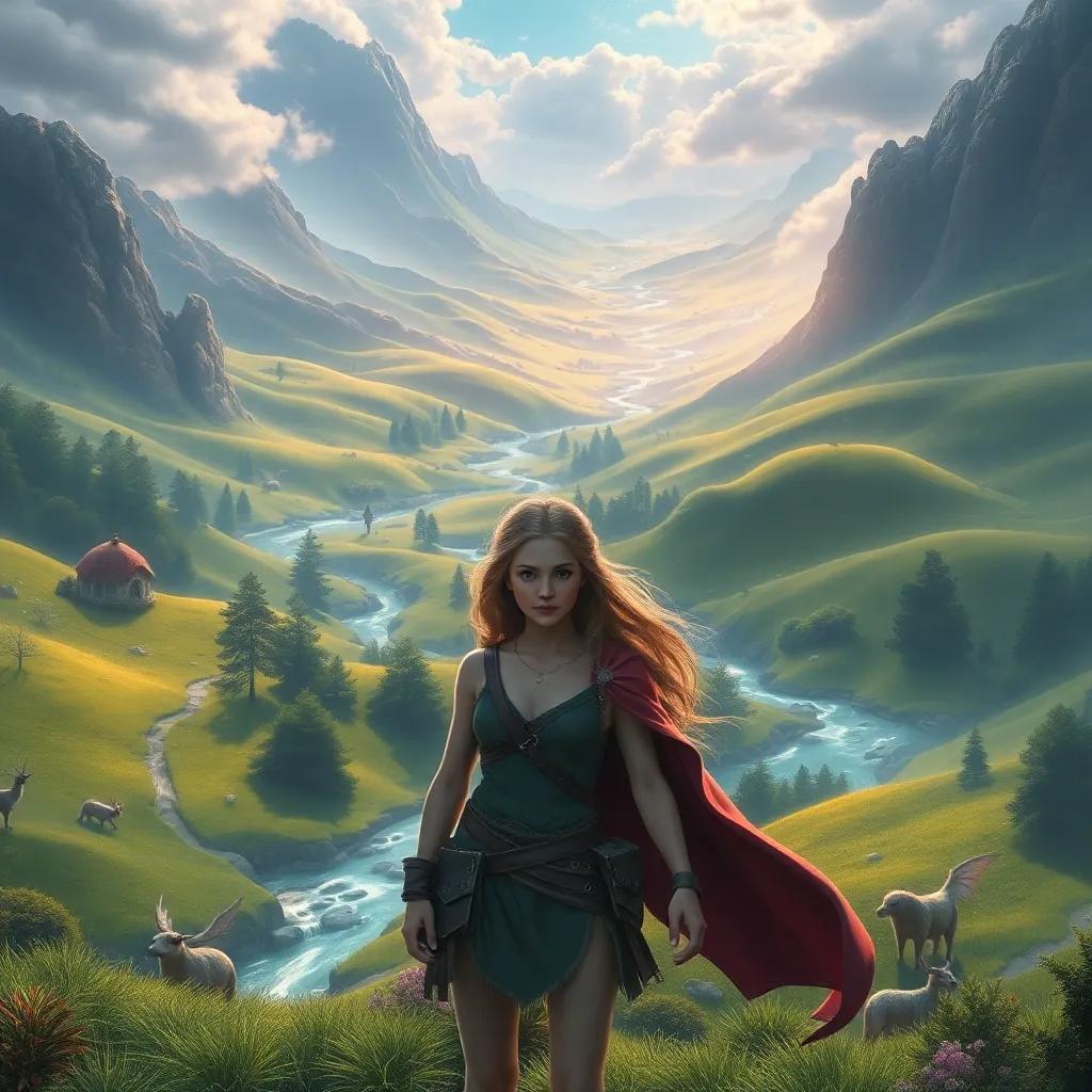 A magical land with rolling green hills and sparkling rivers, a young woman named Elin looking strong and beautiful, surrounded by woods and mythical creatures, digital art, vivid colors, enchanting atmosphere, high quality