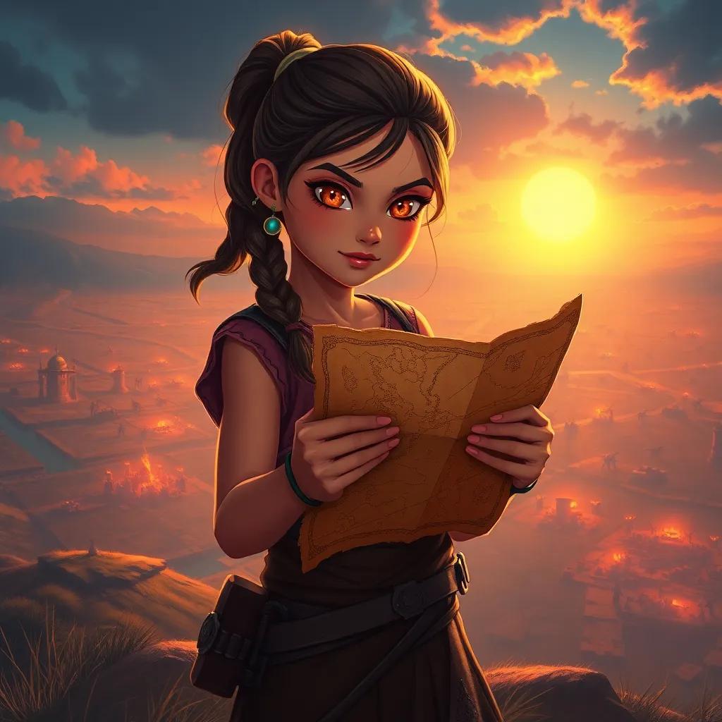 Rani, a brave young girl with glowing eyes and a determined expression, holding an ancient map in her hands, standing on a hilltop overlooking a vast land filled with battles, digital painting, dramatic lighting, adventure-themed, high quality