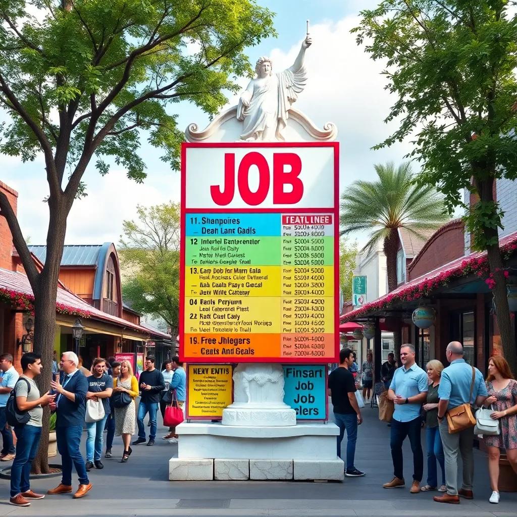 A colorful job advertisement board in a small town, displaying various job listings, surrounded by trees and cheerful townspeople, digital art, vibrant colors, friendly atmosphere, high quality