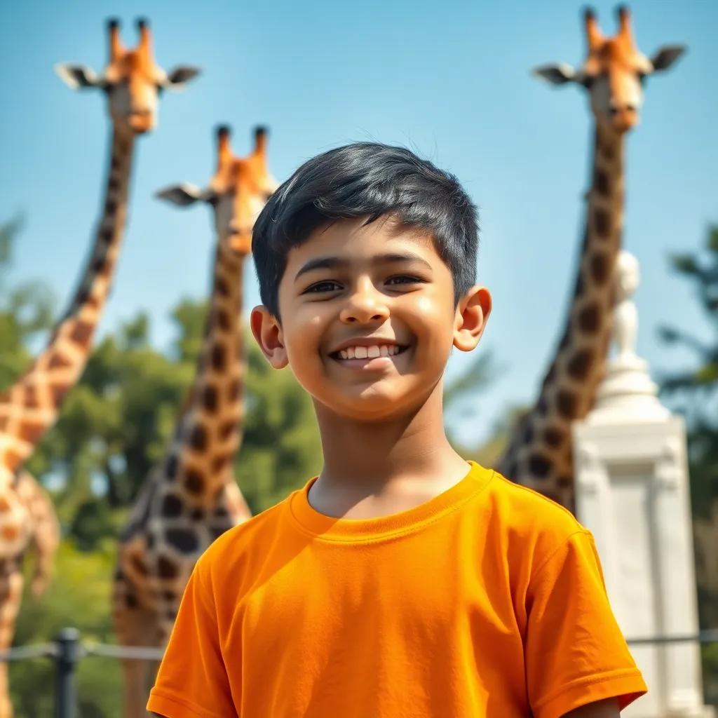 A young Arab boy, Ahmad, with short black hair wearing a bright t-shirt, smiling as he stands in front of giraffes in a zoo, joyful expressions, sunny day, digital art, cheerful, child-friendly, high quality