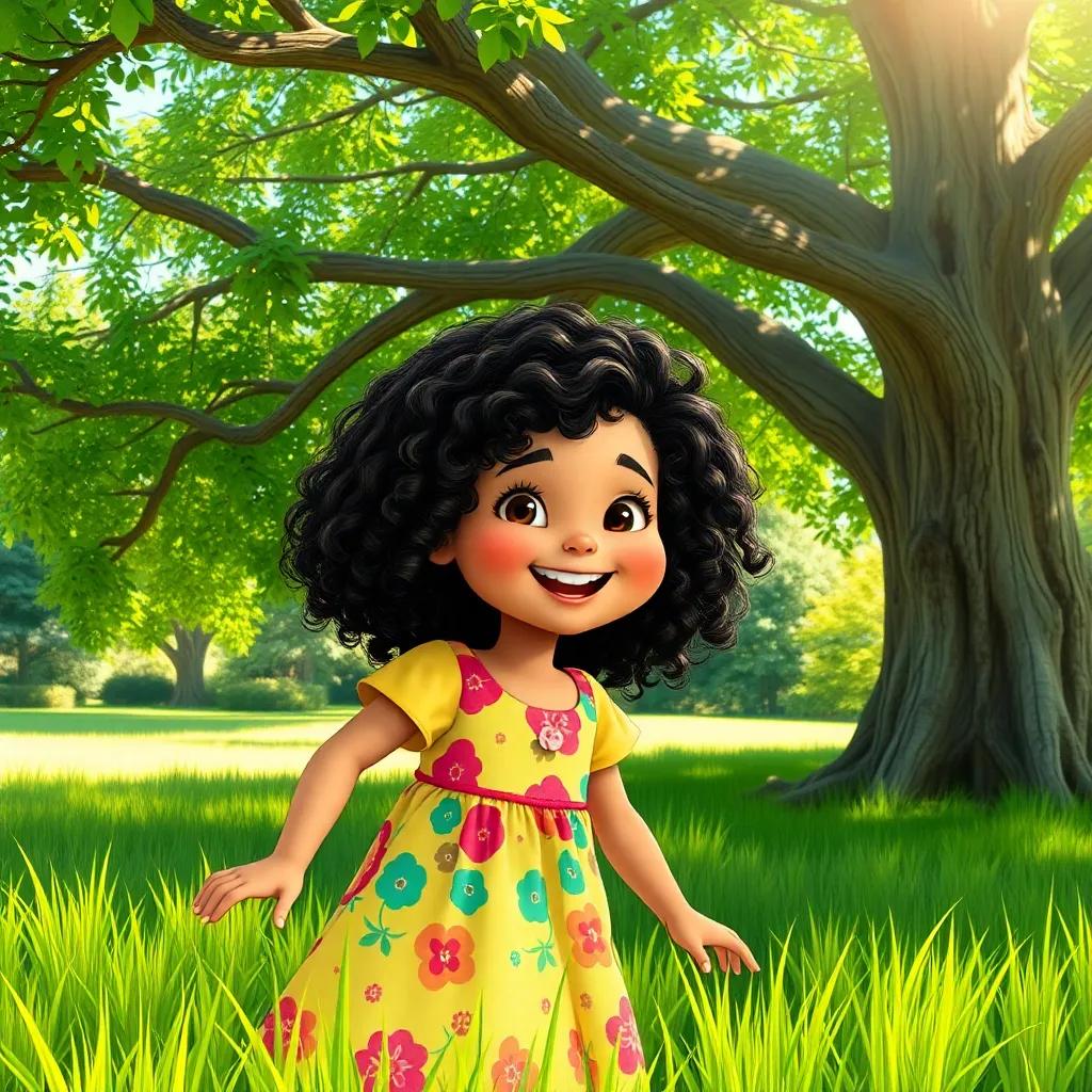 A cheerful young Arab girl, Nadia, with curly dark hair, wearing a colorful dress, playing under a big, leafy tree with a joyful expression, bright green grass, sunshine, vibrant colors, child-friendly, illustration, inviting atmosphere, high quality