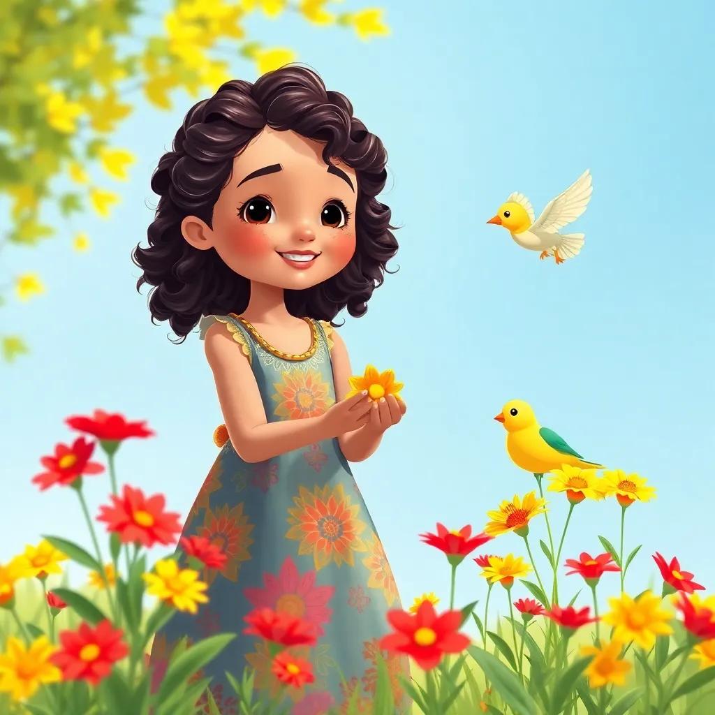 A playful scene with Nadia, a young Arab girl with curly dark hair in a colorful dress, gathering bright red and yellow flowers, with a charming bird flying nearby, sunny day, joyful colors, cheerful, illustration, high quality