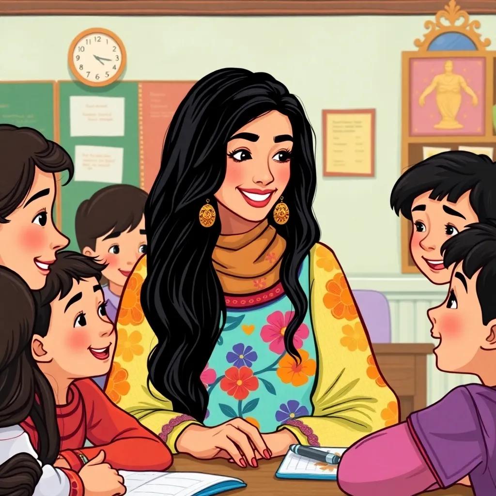 Aisha, a young Arab woman, with long black hair, in a colorful dress, smiling while talking to her students, in a classroom setting with happy faces, illustration, vibrant colors, friendly interaction, child-friendly