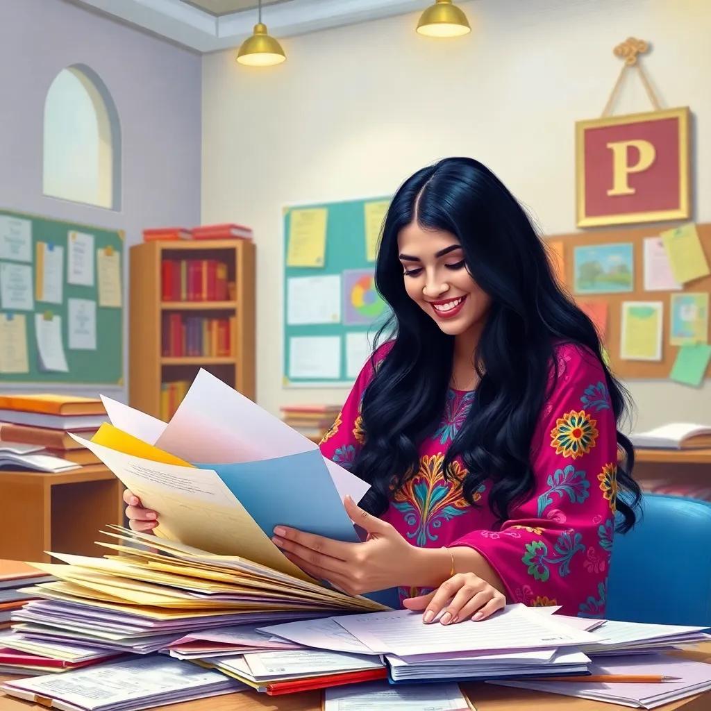 Aisha, a young Arab woman, with long black hair in a colorful dress, organizing a big file with students' achievements, surrounded by papers and smiles, digital painting, bright and colorful, educational atmosphere, high quality