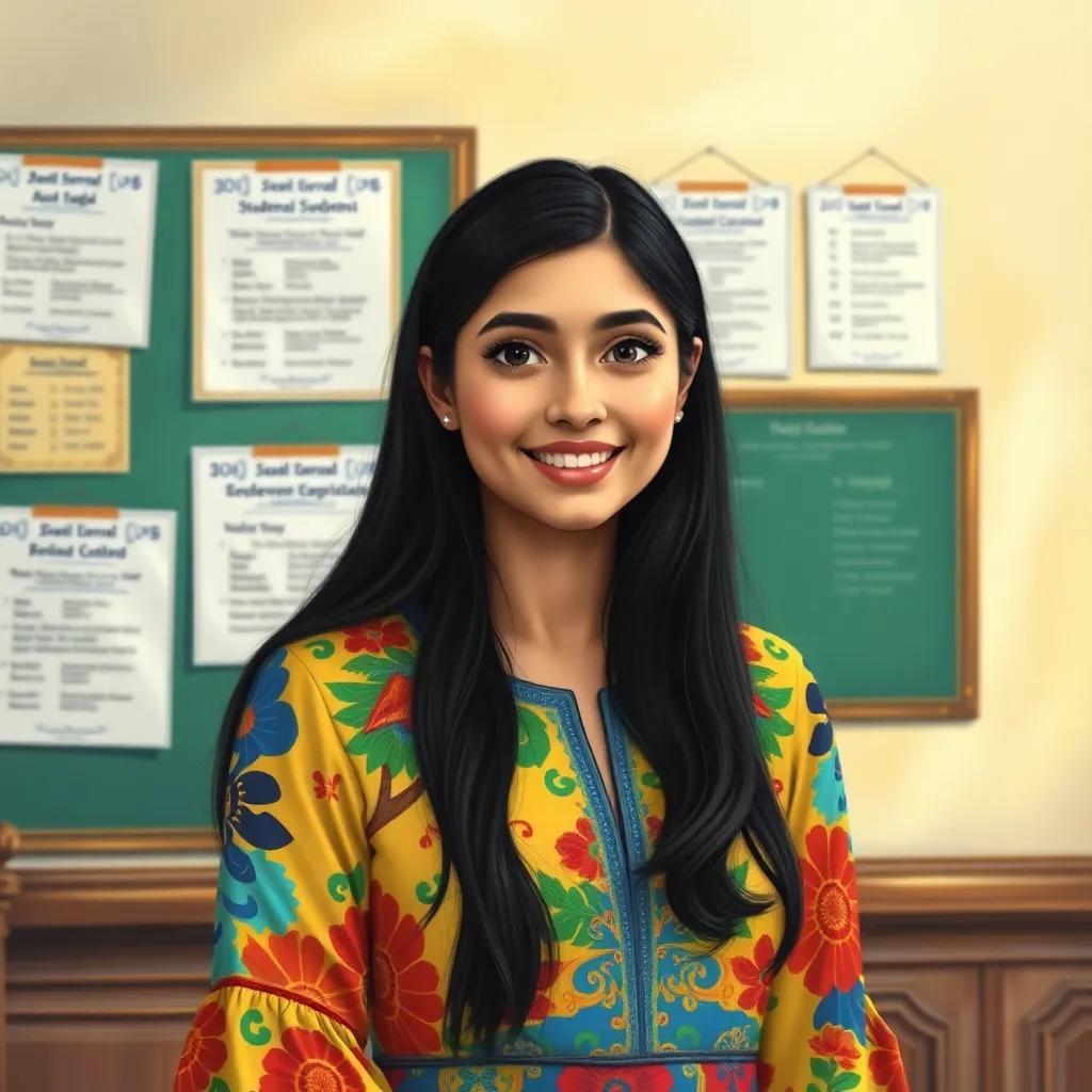 Aisha, a young Arab woman, with long black hair in a colorful dress, displaying students' achievements on the wall, with proud and shining eyes, illustration, joyful colors, celebratory setting, detailed
