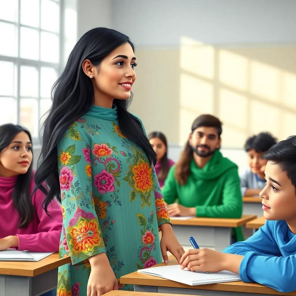 Aisha, a young Arab woman, with long black hair in a colorful dress, watching her students confidently taking their test, in a bright classroom, digital art, supportive atmosphere, high quality