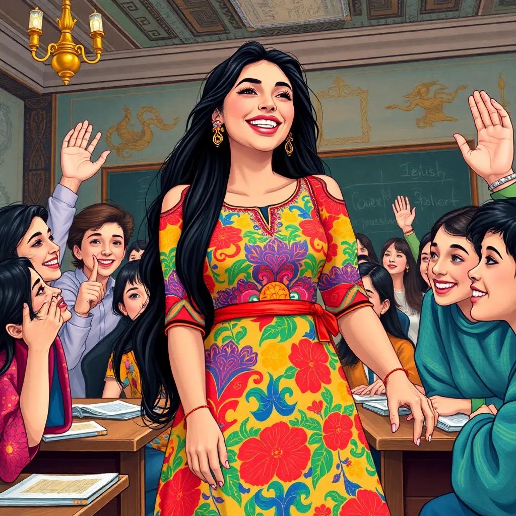 Aisha, a young Arab woman, with long black hair in a colorful dress, happily observing her students celebrating after the test, full of energy and joy, illustration, cheerful colors, uplifting vibe, detailed