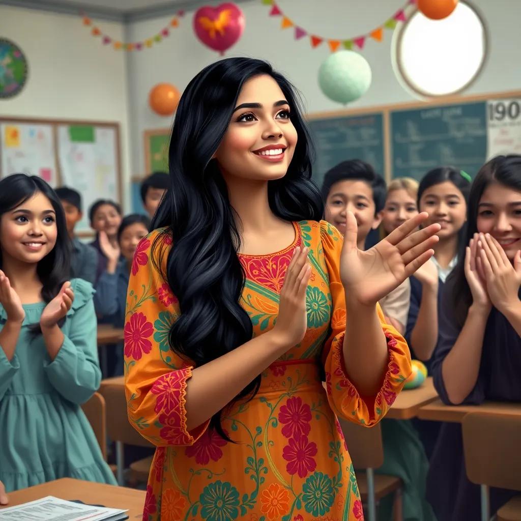 Aisha, a young Arab woman, with long black hair in a colorful dress, receiving students' applause, with everyone looking proud and excited, in a classroom with decorations, digital painting, colorful celebration, heartwarming