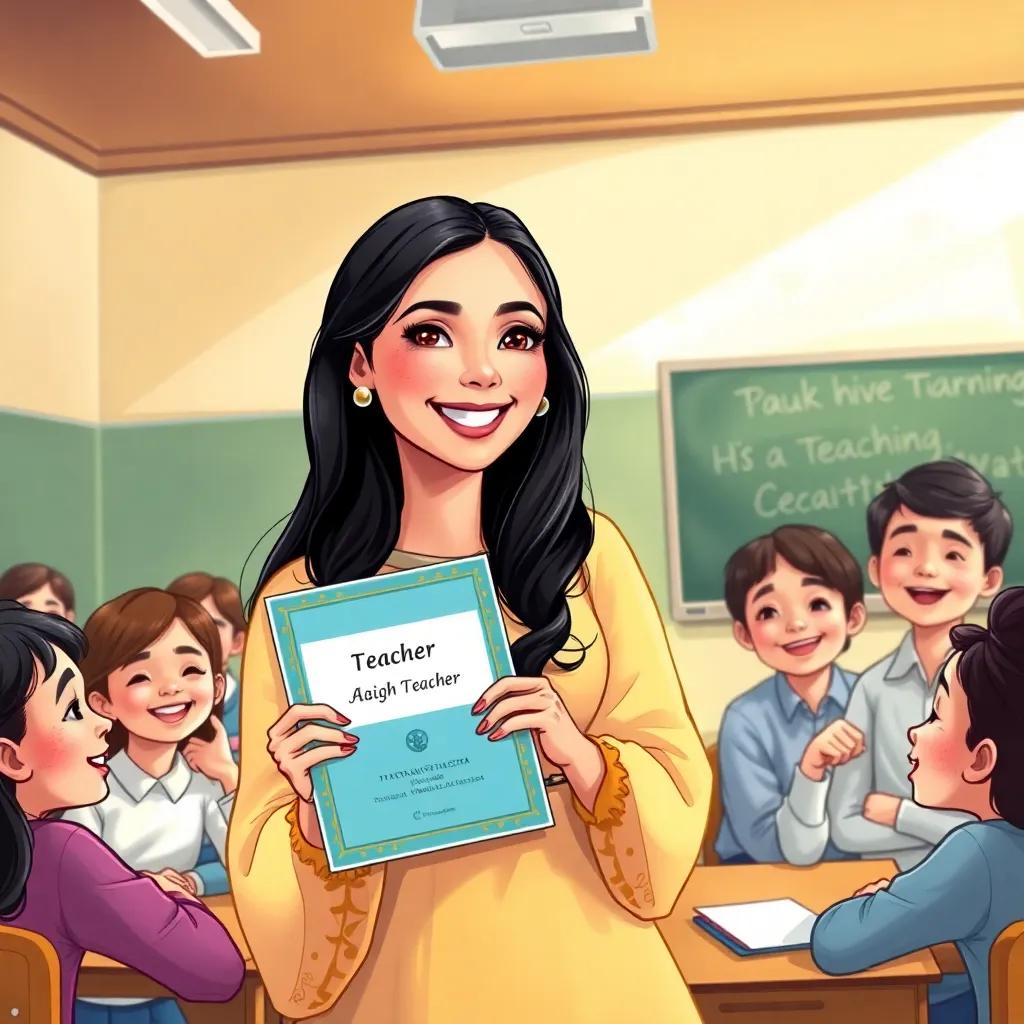 Aisha, a young Arab woman, with long black hair in a beautiful dress, smiling proudly holding a teacher award, surrounded by her happy students in the classroom, illustration, warm colors, motivational atmosphere, high quality