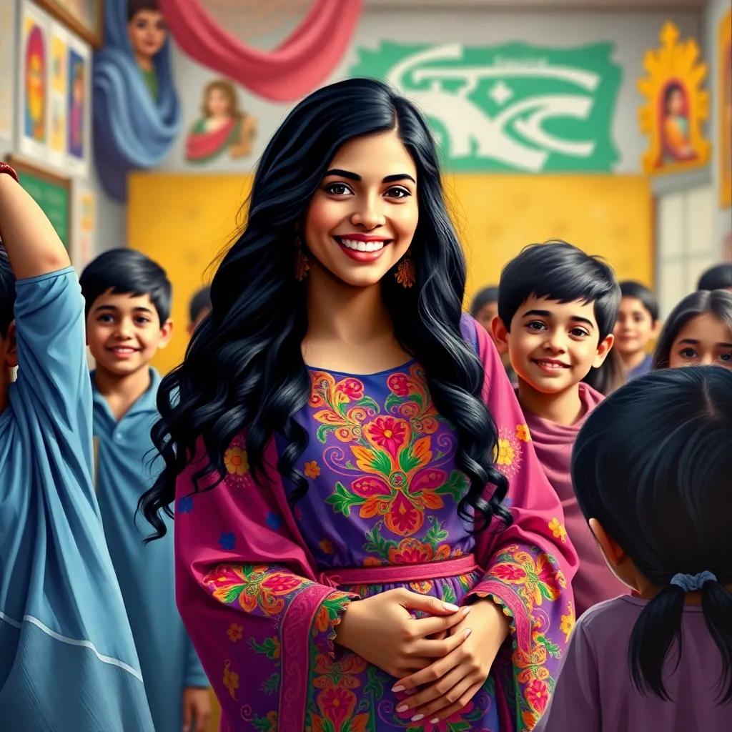 Aisha, a young Arab woman with long black hair in a colorful dress, celebrating with her students after a successful year, filled with joy and achievement in the classroom, digital art, vibrant colors, high quality