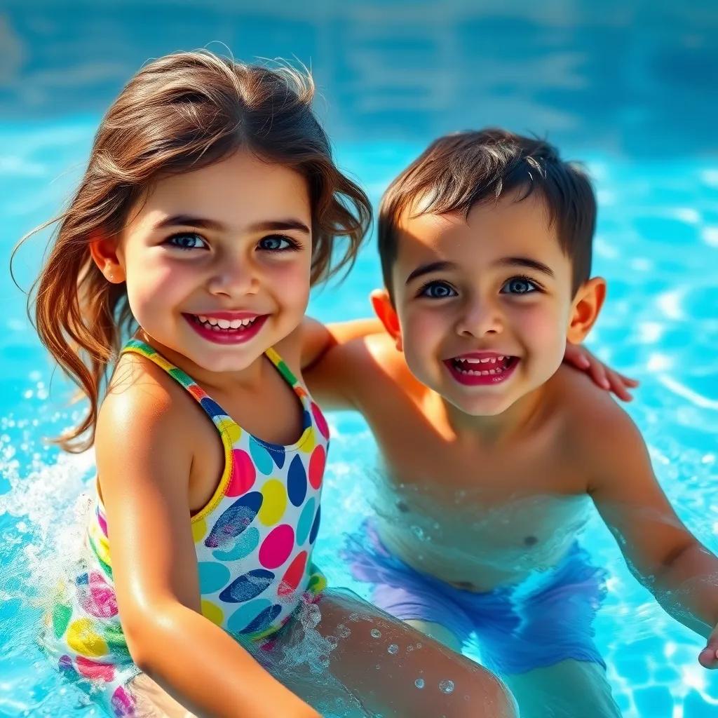 A joyful scene of two children playing in a swimming pool, an Arabic girl Hanan with long, dark hair, wearing a colorful swimsuit and an Arabic boy Ahmad, smaller in size, splashing water, bright sunlight, cheerful atmosphere, digital art, vibrant colors, high quality
