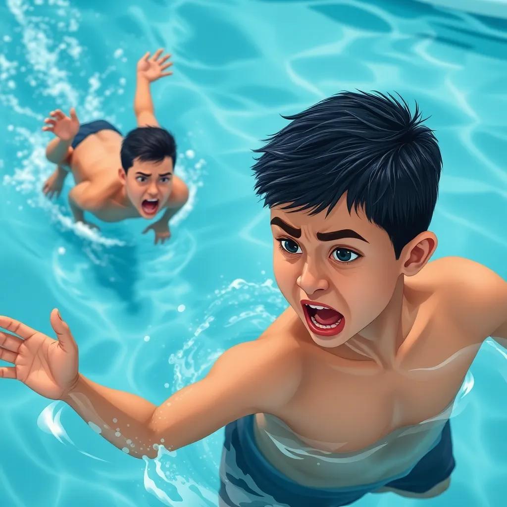 An alarming moment with Ahmad struggling in the swimming pool, while his father, an Arabic man with short black hair in swimming trunks, dives into the water, urgency in the air, action scene, illustration, strong emotions, child-friendly