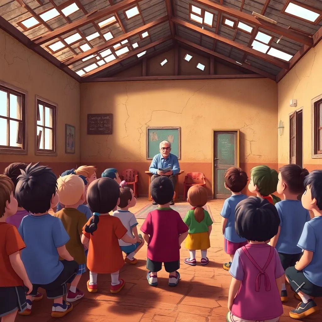 A group of children listening attentively to their principal in a cracked, old schoolyard, with broken windows and a dilapidated roof, in a warm and encouraging atmosphere, digital art, colorful, hopeful, high quality