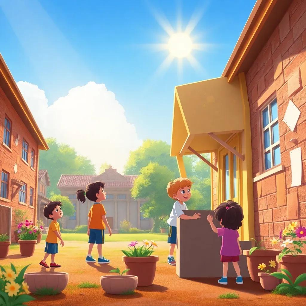 Children working together in a schoolyard, repairing the roof, painting walls, and planting flowers, with golden sunlight streaming down, vibrant and lively scene, illustration, cheerful, community spirit, high quality