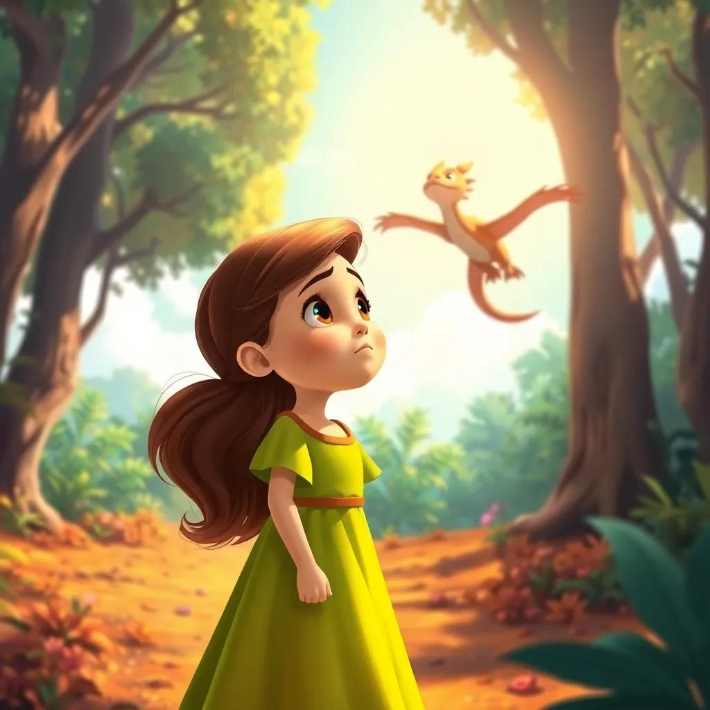 A young Arab girl, Laren, with brown hair wearing a bright green dress, standing in a sunny forest looking up at her dragon friend flying in the sky, worried expression, digital art, vibrant colors, cheerful atmosphere, high quality