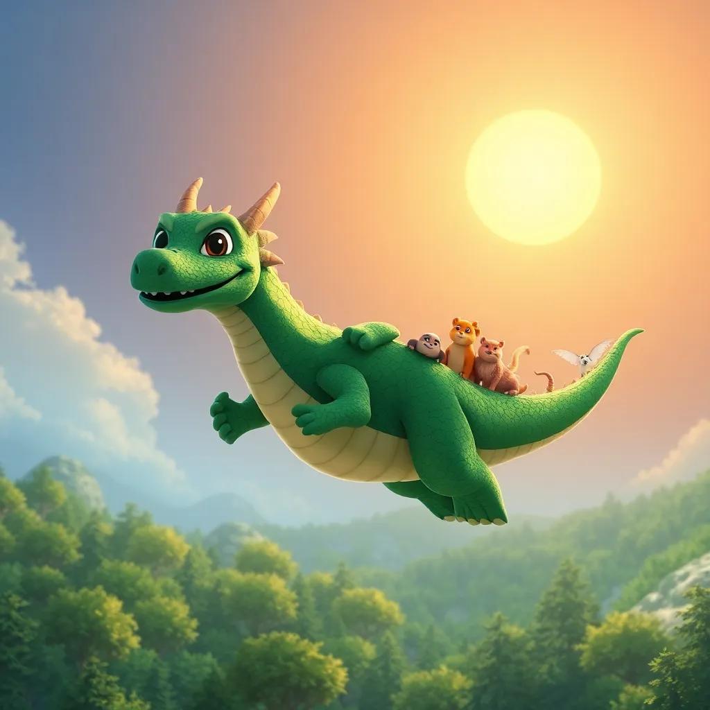 A friendly dragon, large and majestic, with shiny green scales, carrying small animals in its wings, flying above the forest with the sun shining bright, illustration, adventurous scene, child-friendly, detailed background