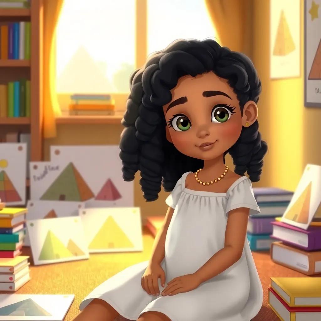 A young girl, Isis, with curly black hair wearing a simple white dress, sitting in her room surrounded by colorful books and drawings of pyramids, warm light, cheerful atmosphere, bright colors, high-quality