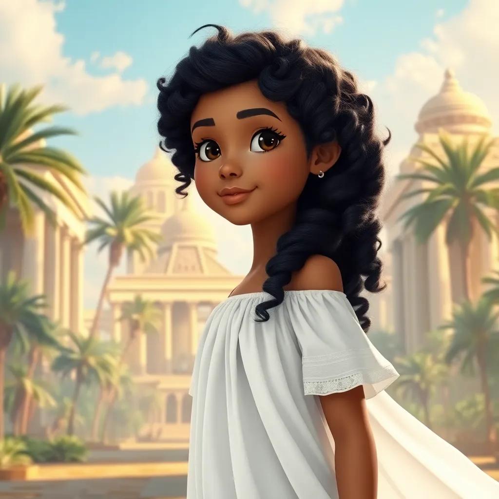 A young girl, Isis, with curly black hair, wearing a flowing white dress, standing in front of ancient Egyptian temples, palm trees swaying gently in the background, serene light, magical atmosphere, high-quality