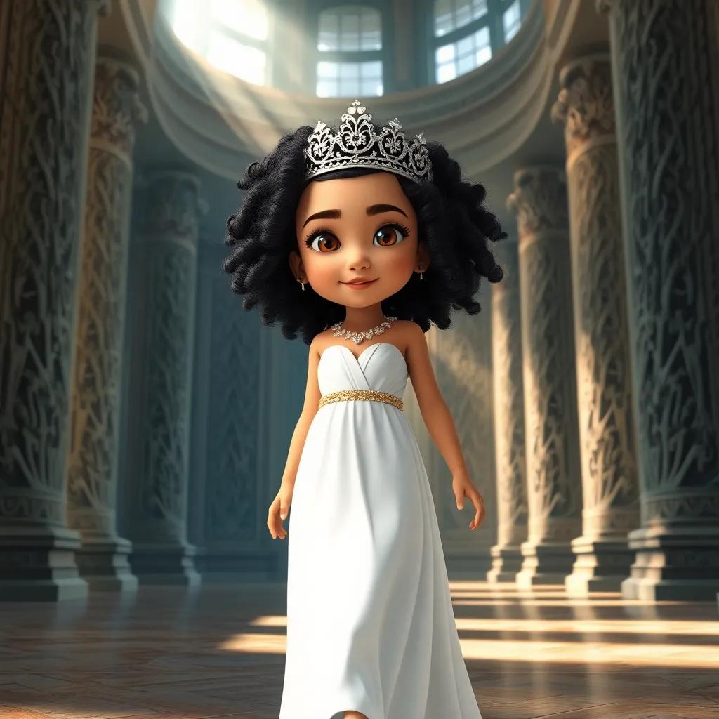 A young girl, Isis, with curly black hair wearing a beautiful white dress and a sparkling crown, walking confidently in a grand temple with intricate wall carvings, soft sunlight streaming through, majestic colors, high-quality