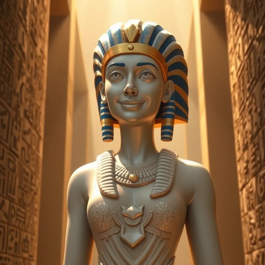 A beautiful statue of Isis smiling, surrounded by ancient hieroglyphs on the walls, golden light reflecting off the stone, peaceful atmosphere, mystical aura, high-quality