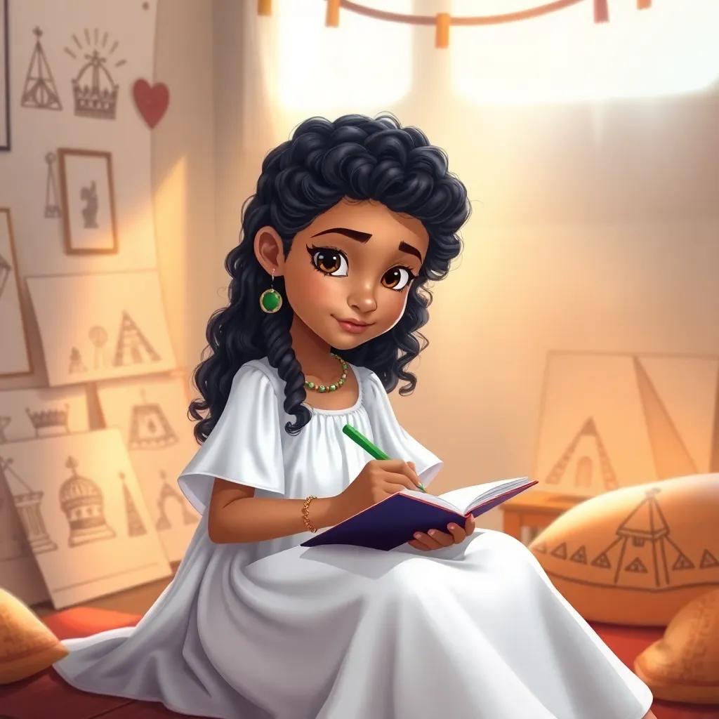 A young girl, Isis, with curly black hair wearing a flowing white dress, drawing on a notebook in a cozy room filled with light, surrounded by sketches of crowns and pyramids, vibrant colors, heartwarming scene, high-quality