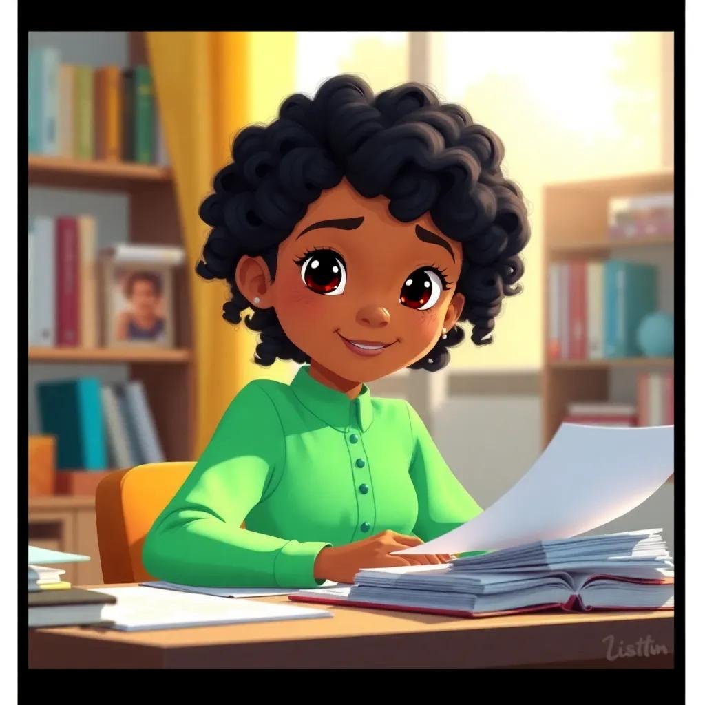 A young girl, Isis, with curly black hair, now a grown woman, working at a desk with books and papers, sunlight shining through the window, hopeful and determined expression, vibrant colors, high-quality