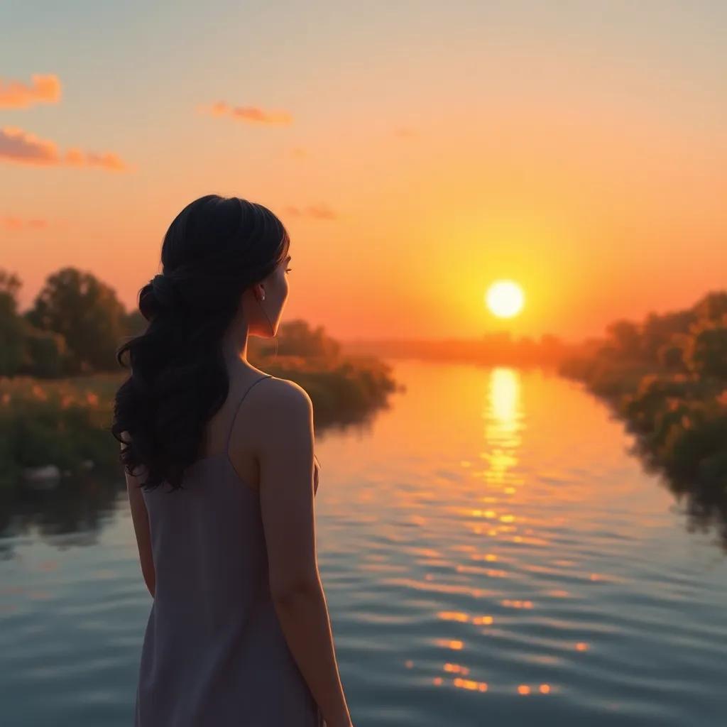 A serene river scene with a woman looking out at the water, with the sun setting behind her, warm hues of orange and gold, peaceful atmosphere, high-quality