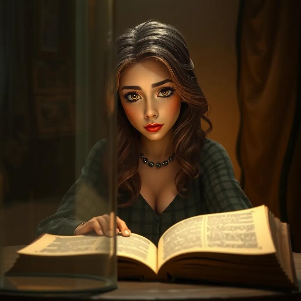 A woman, now strong and confident, looking at an ancient book under a dim light, her reflection captured in the glass, thoughtful expression, warm colors, high-quality