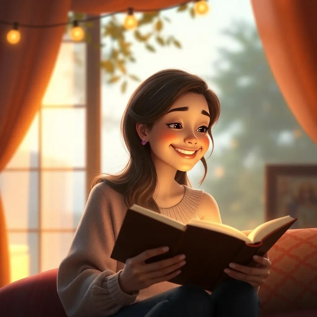 A warm evening scene with the woman smiling at a book, her inner child seen in a gentle glow around her, magical and nostalgic atmosphere, high-quality
