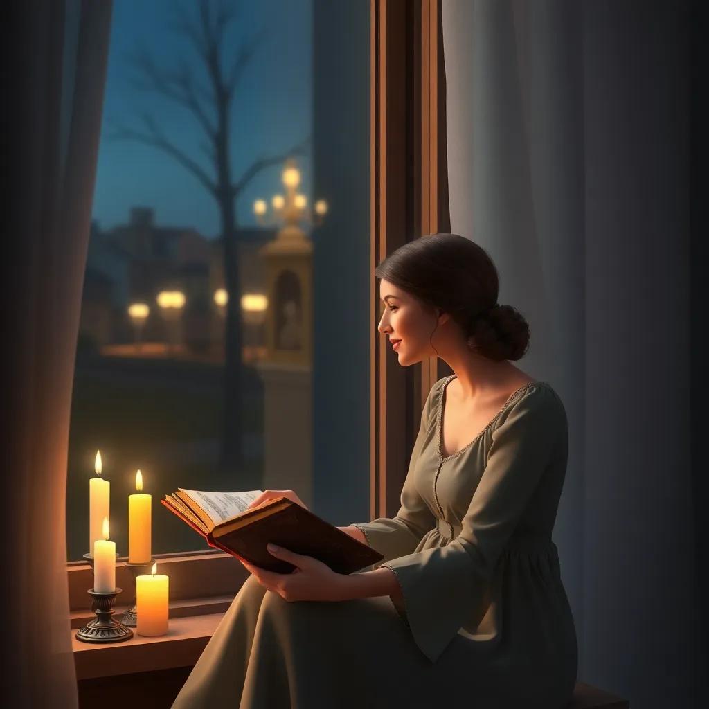 A woman sitting by the window at night, holding an ancient book, looking at her reflection and smiling gently, candlelight flickering, soft colors, dreamy atmosphere, high-quality