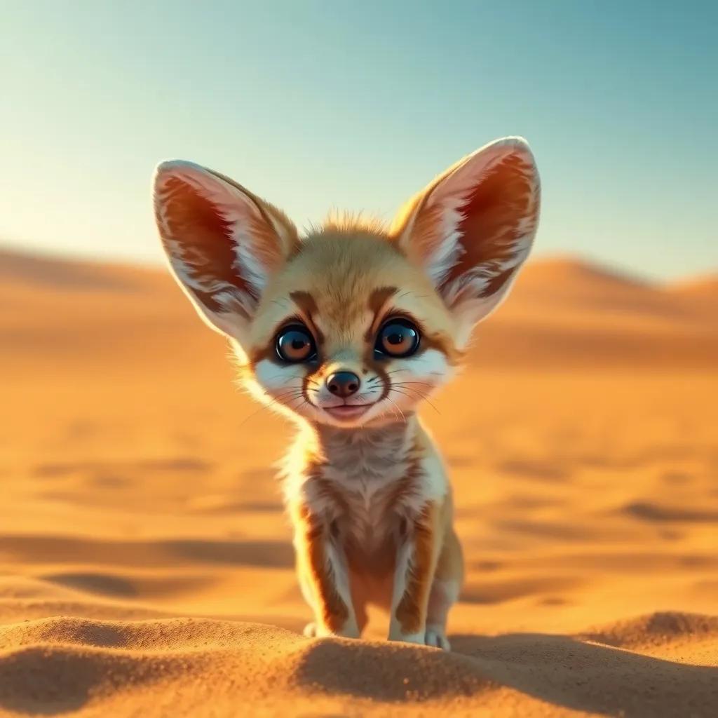 A small fennec fox named Farid, with big ears and bright eyes, making a rhythmic sound in a wide desert filled with golden sand and a bright blue sky, digital art, vibrant colors, warm atmosphere, high quality