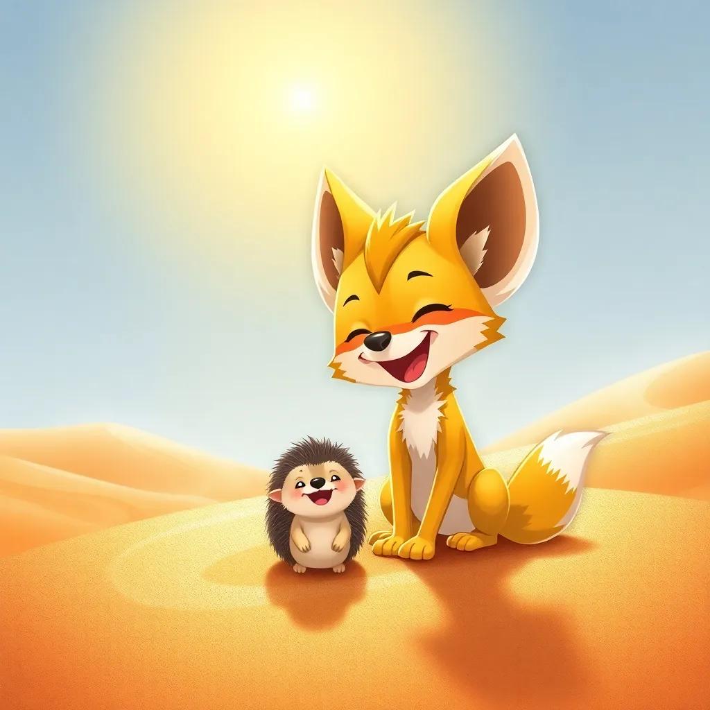 Farid the fennec fox, joyfully playing with a cute hedgehog under the bright sun, surrounded by shimmering sand dunes and playful shadows, illustration, cheerful, child-friendly, colorful, soft light