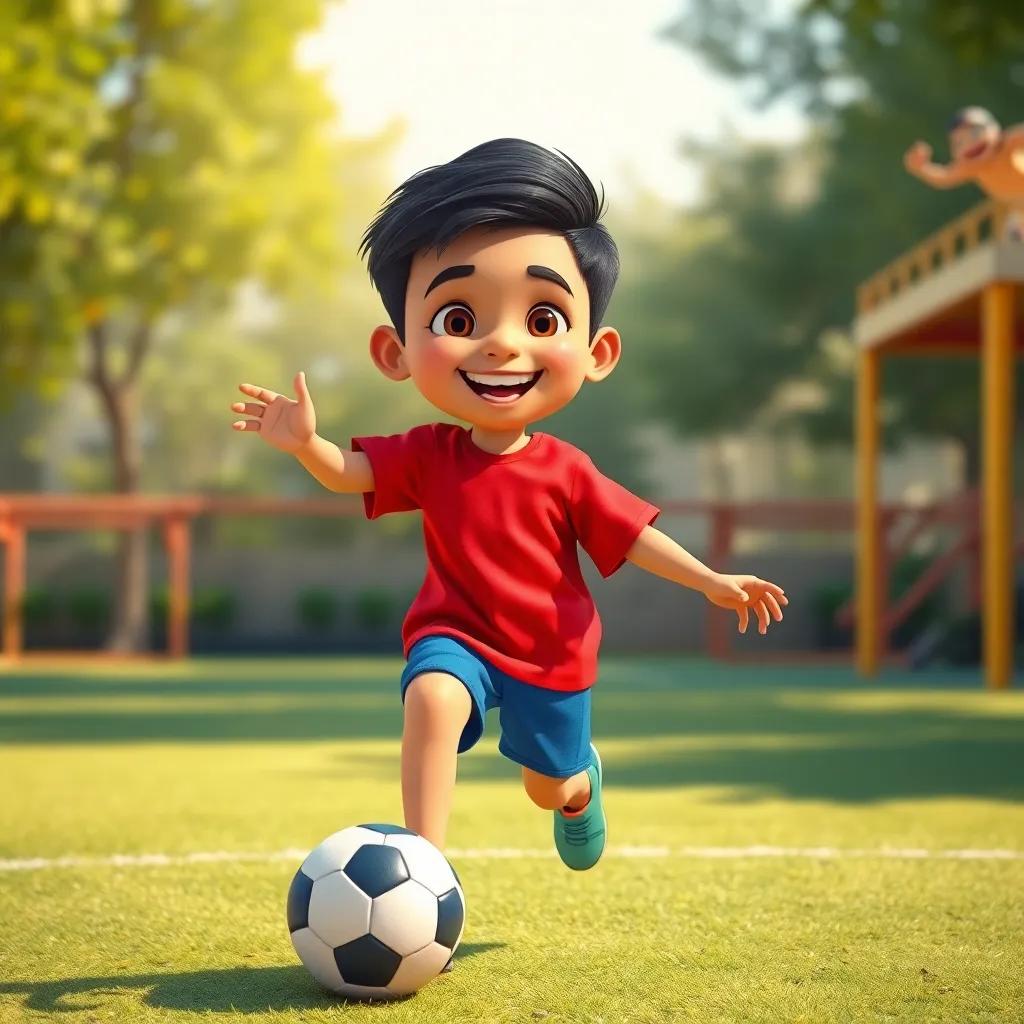 A young Arab boy, عمران, with short black hair, wearing a bright red shirt and blue shorts, joyfully kicking a football in a sunny playground, digital art, vibrant colors, cheerful atmosphere, high quality