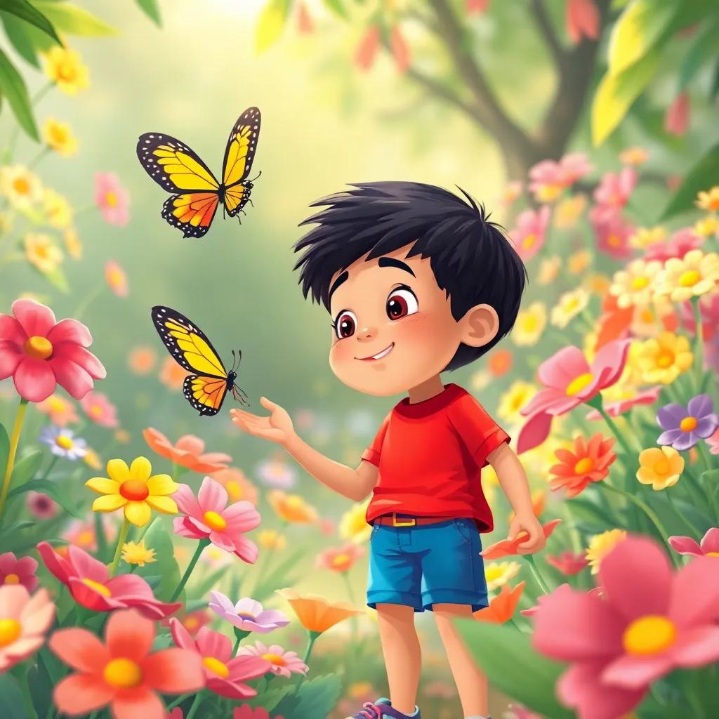 A young Arab boy, عمران, with short black hair, wearing a bright red shirt and blue shorts, trying to catch a colorful butterfly in a garden full of blooming flowers, illustration, lively colors, magical feel, upbeat