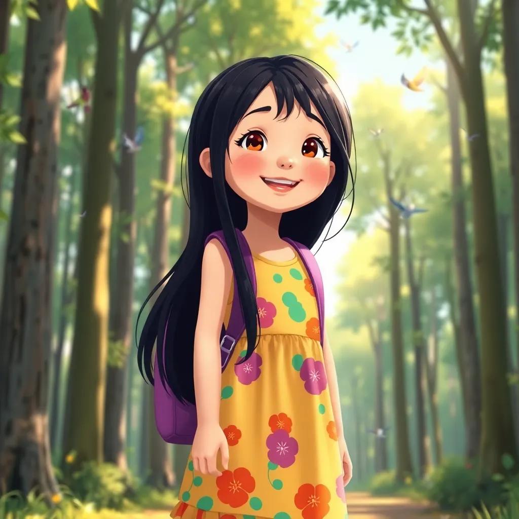 A happy young girl, إيمان, with long black hair, wearing a colorful summer dress and a backpack, standing in a sunny forest, surrounded by tall green trees and singing birds, digital art, bright colors, cheerful atmosphere, engaging perspective, high quality