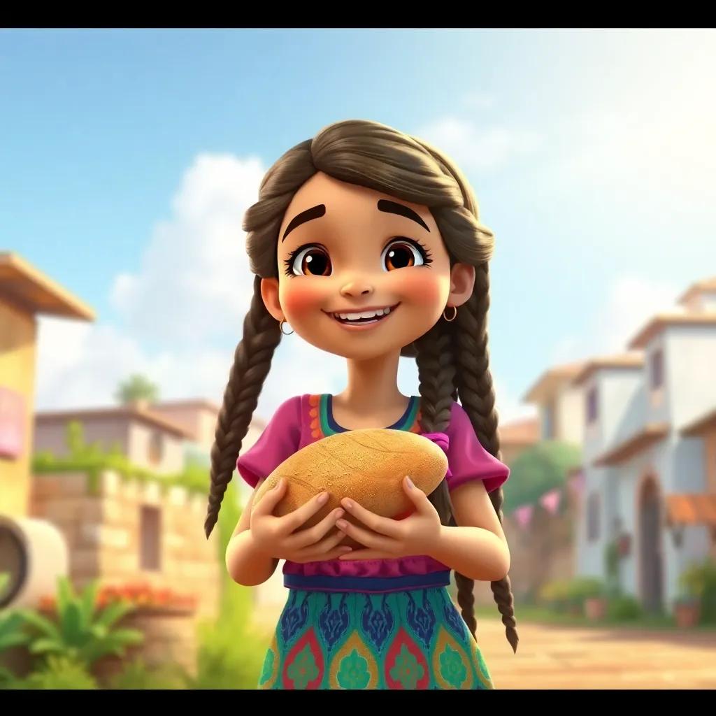 A young Arab girl, Iman, with long, braided hair wearing a colorful dress, smiling happily while holding a loaf of bread in her hands, a bright sunny day in a small town, cheerful atmosphere, digital art, vibrant colors, child-friendly
