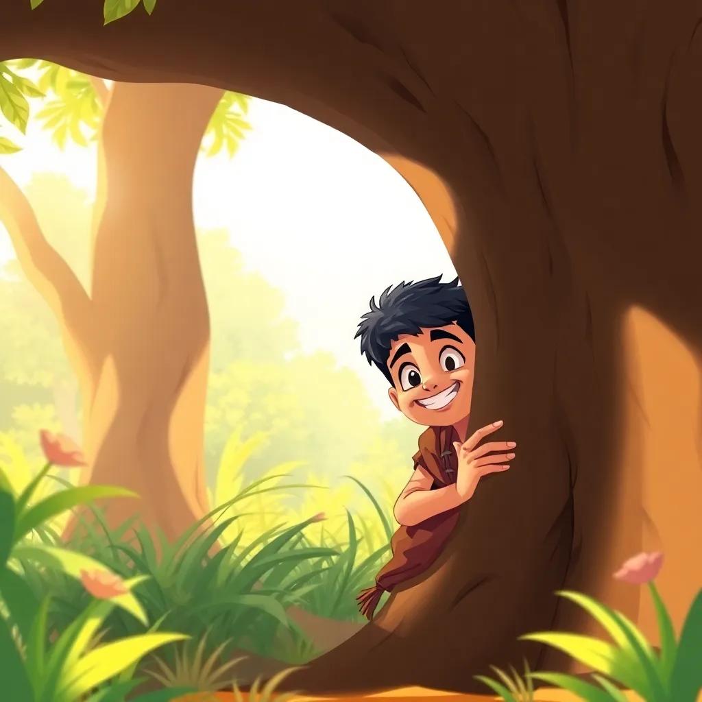 A mischievous boy, Khaled, peeking from behind a large tree, with a cheeky grin and ragged clothes, looking at Iman, surrounded by lush greenery and warm sunlight, playful mood, illustration, cartoon style, high quality