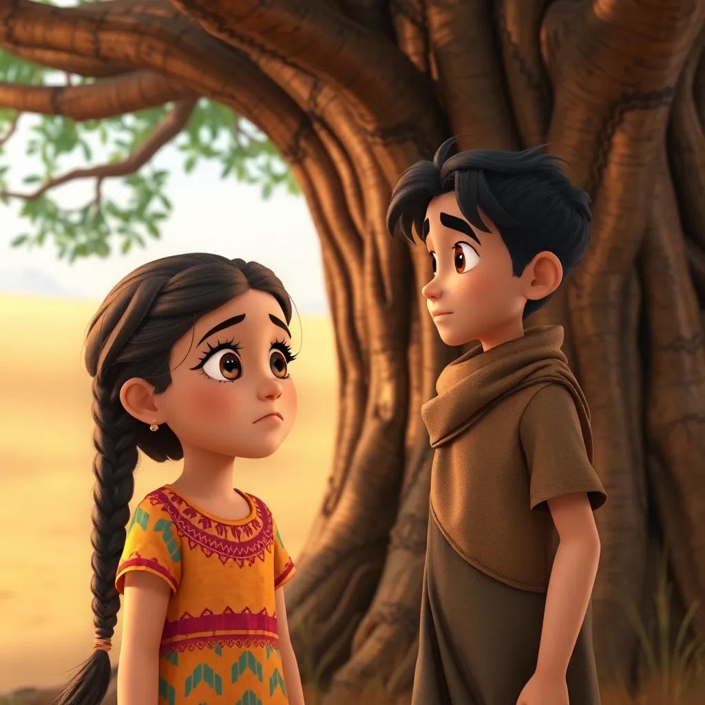Iman, a young Arab girl with braided hair wearing a colorful dress, looking worried as Khaled approaches her with eager eyes, near the big tree, emotional scene, warm colors, soft light, high quality