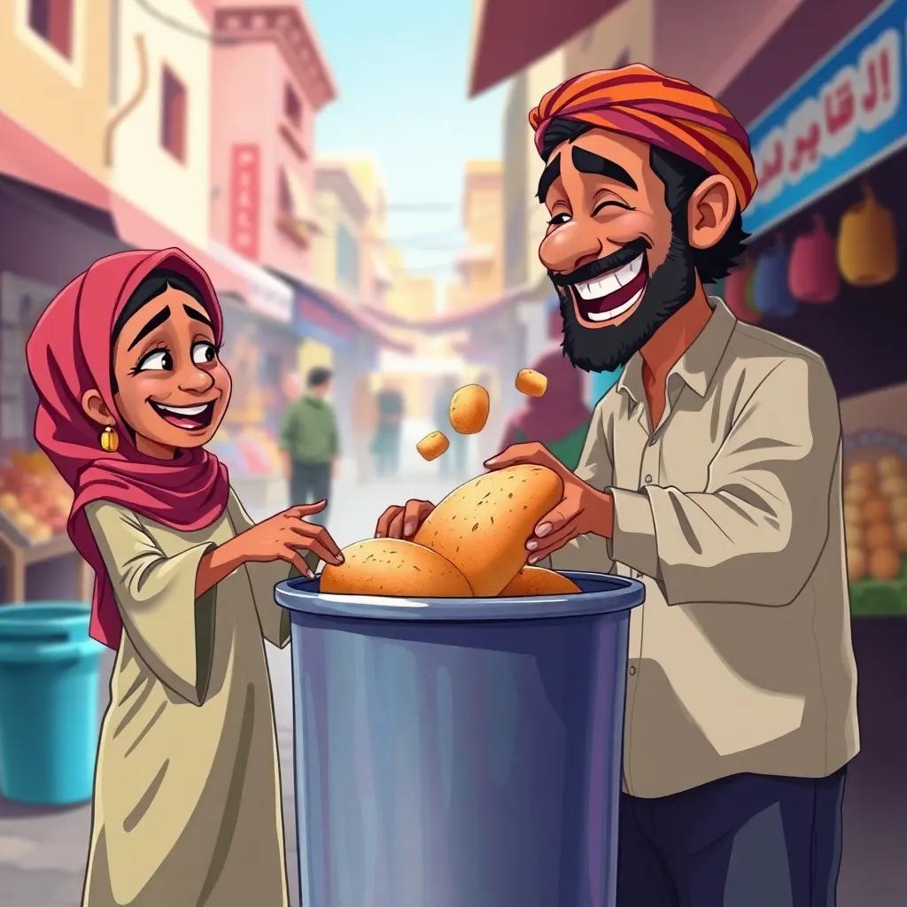 Khaled throwing Iman's bread into a trash bin with a mischievous laugh, the marketplace in the background, vibrant colors, exaggerated expressions, digital painting, colorful