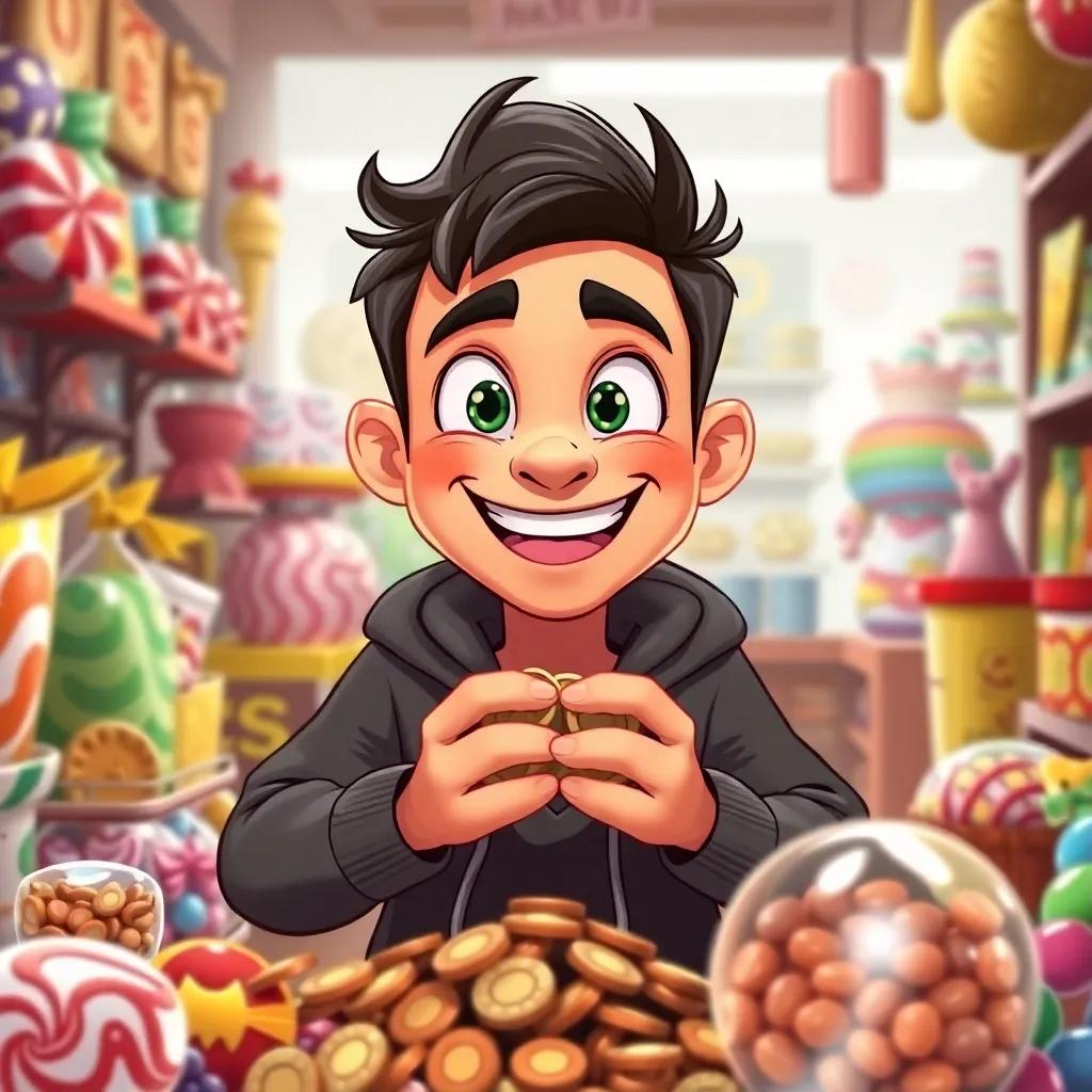 Khaled counting his coins with a wide smile, surrounded by candy and toys in a shop, conveying excitement and mischief, bright and colorful, cartoon style, high quality