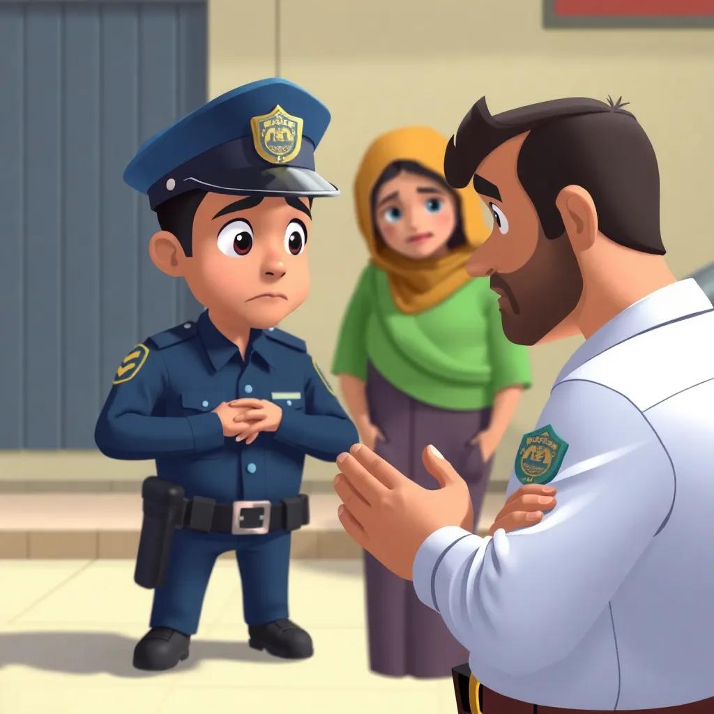 The police officer questioning Khaled, who looks nervous and guilty, with Iman in the background, witnessing the scene, mixed emotions, bright colors, digital art, child-friendly
