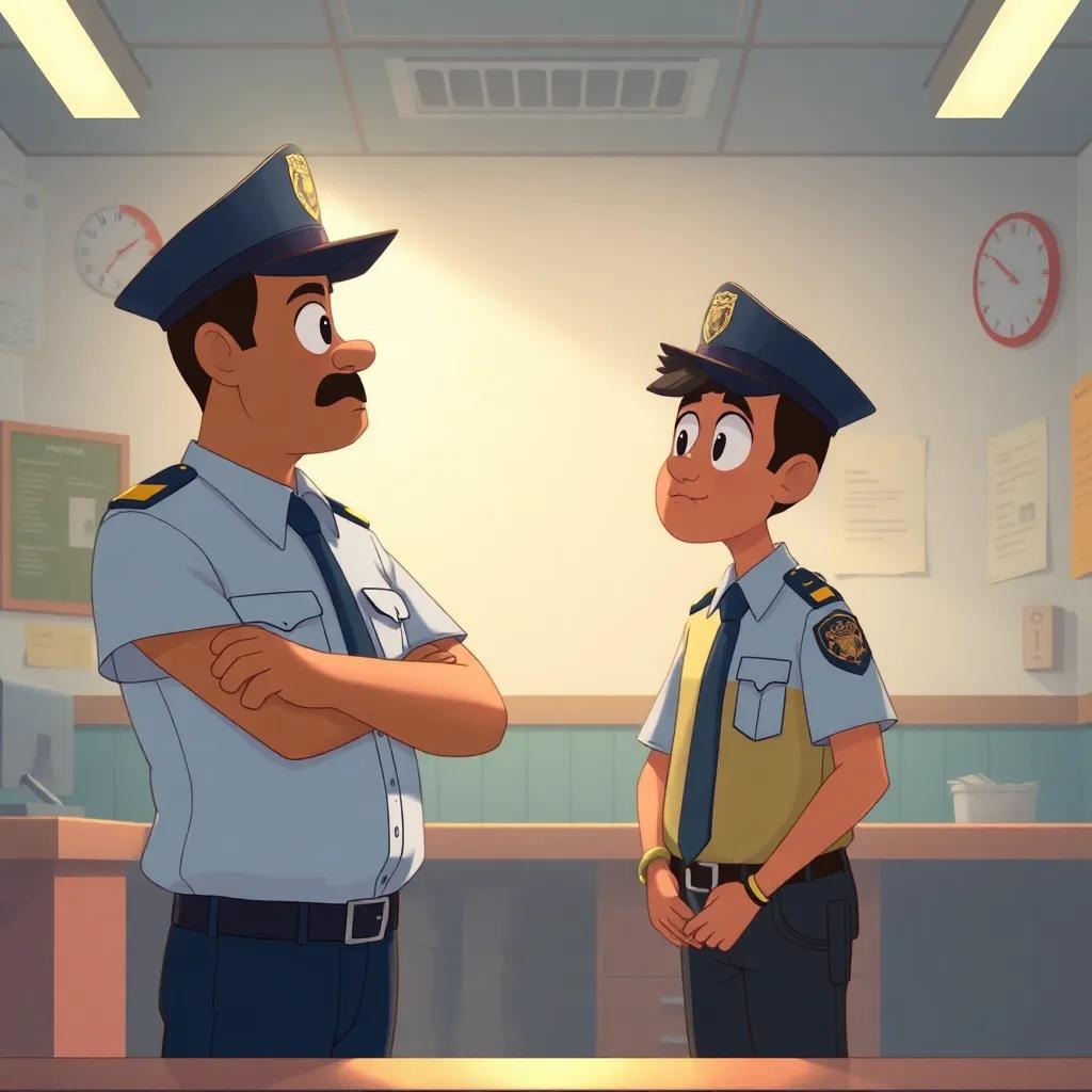 Khaled in a police station looking ashamed, with the officer giving him a lesson, soft colors, warm light, educational atmosphere, digital illustration, heartwarming