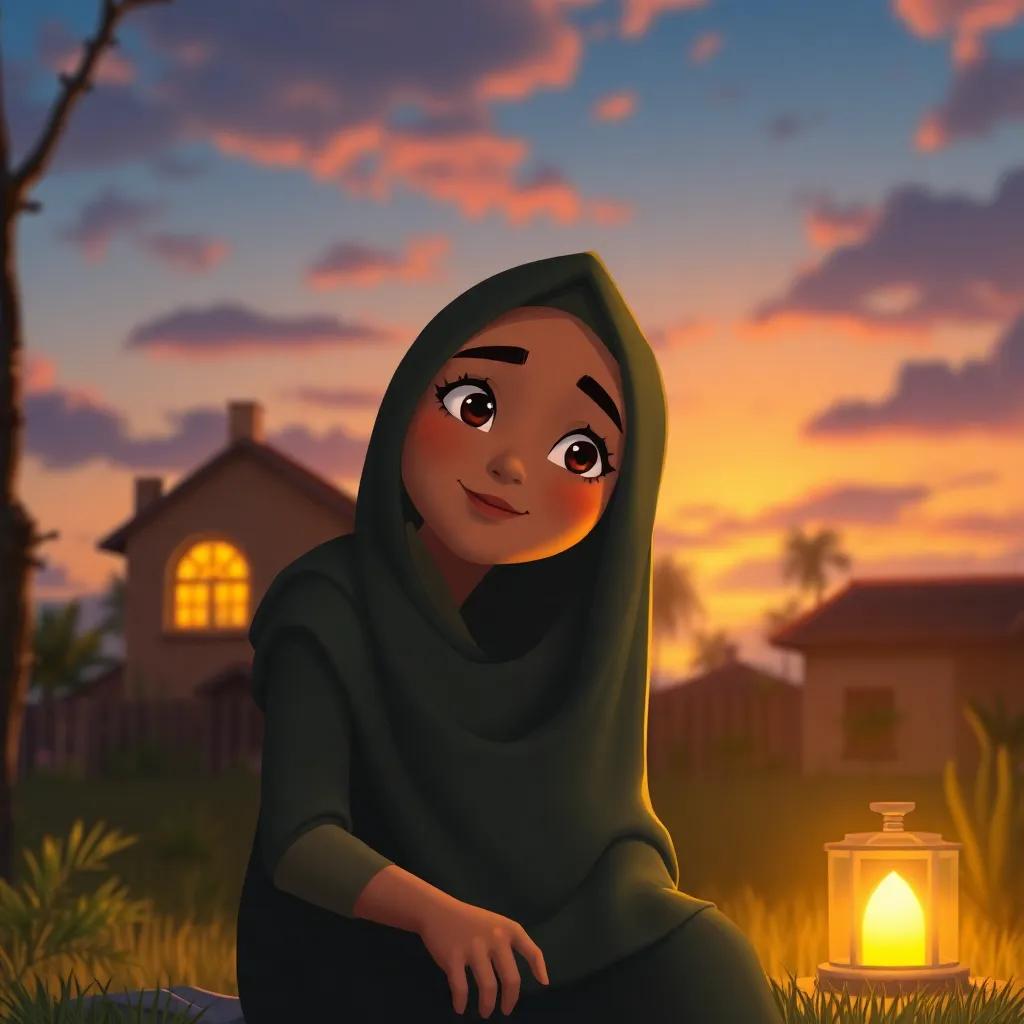 Iman wishing Khaled will learn a good lesson, looking thoughtful with a gentle smile, sitting near her home with the sunset in the background, glowing colors, peaceful scene, digital art, friendly