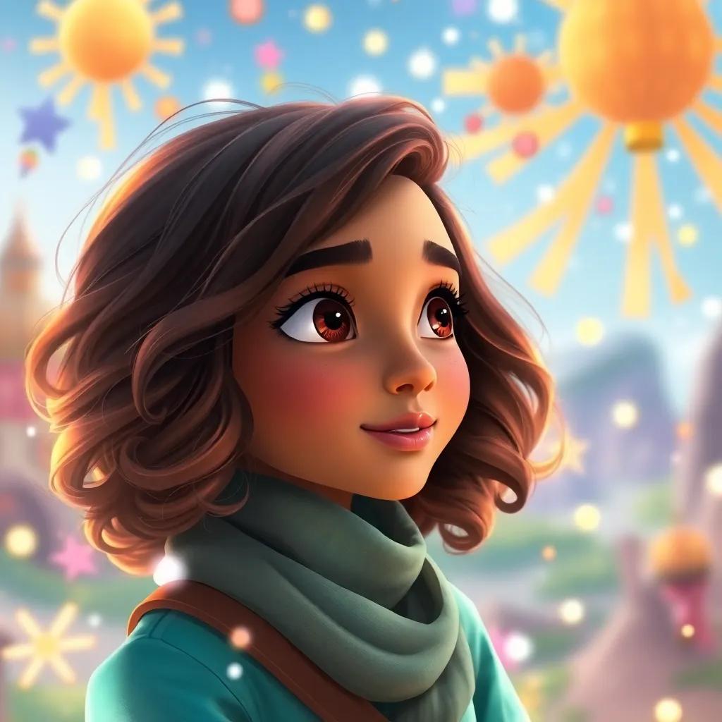 Iman imagining new adventures ahead, with a dreamy look in her eyes, surrounded by a bright, magical atmosphere, colorful and whimsical, vibrant colors, digital art, high quality