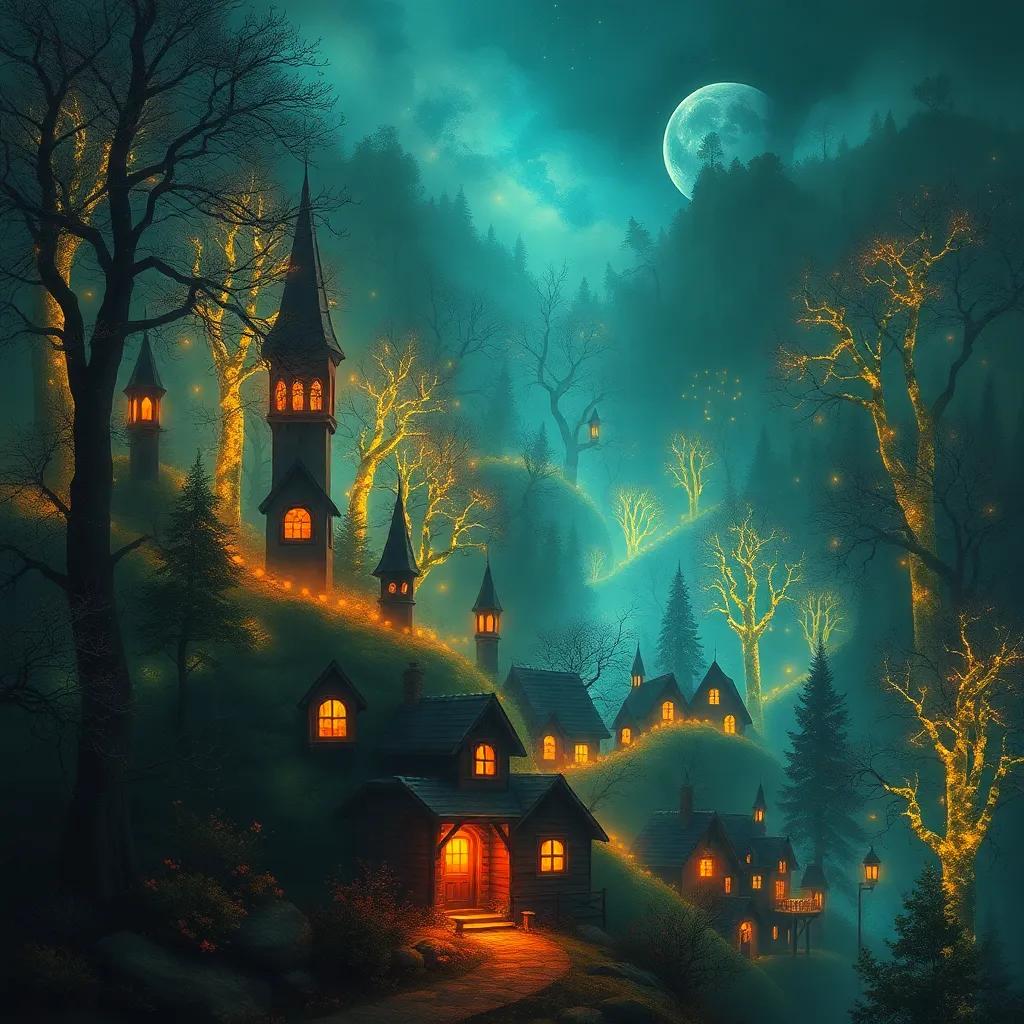 A quaint small town at the edge of a mysterious glowing forest, trees glowing in enchanting colors at night, digital art, warm colors, magical atmosphere, high quality