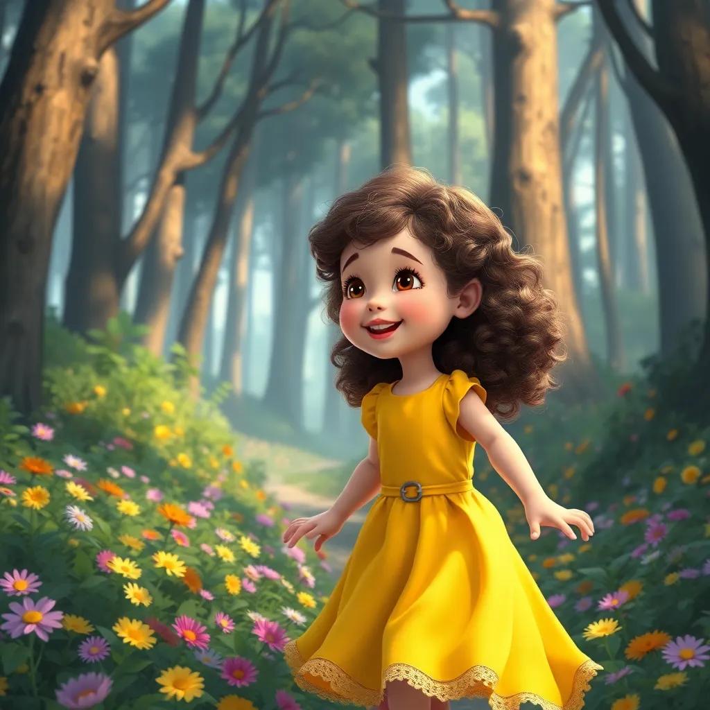 A young girl, إيميلي, with curly brown hair wearing a bright yellow dress, playing joyfully in a mysterious forest filled with colorful flowers and tall trees, cheerful atmosphere, digital art, vibrant colors, inviting, high quality