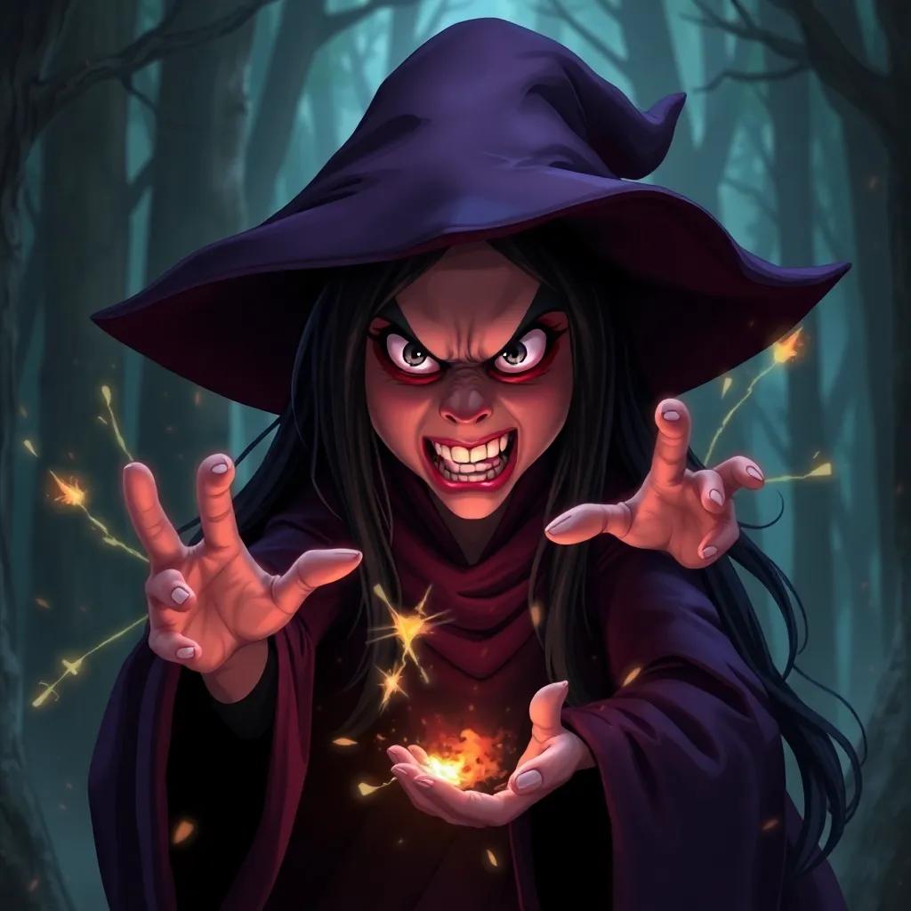 A sinister witch, كتاليا, with long black hair and a dark purple robe, casting a spell in the forest, angry expression, surrounded by sparks and dark magic, fantasy illustration, eerie colors, dramatic lighting, high quality