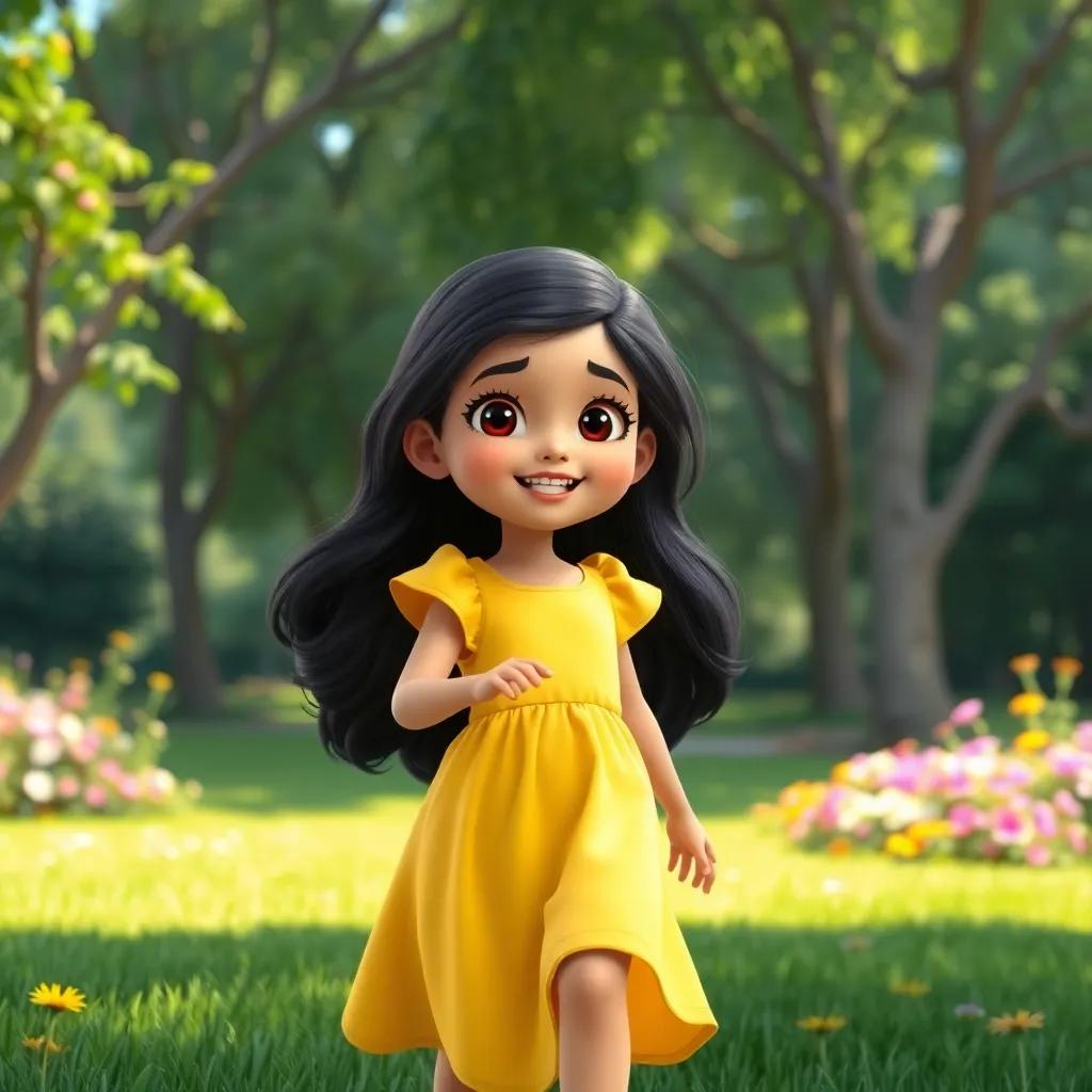 A young Arab girl, إيه, with long black hair, wearing a bright yellow dress, playing in a vibrant green park with flowers and trees, cheerful atmosphere, digital art, colorful, inviting vibe, high quality