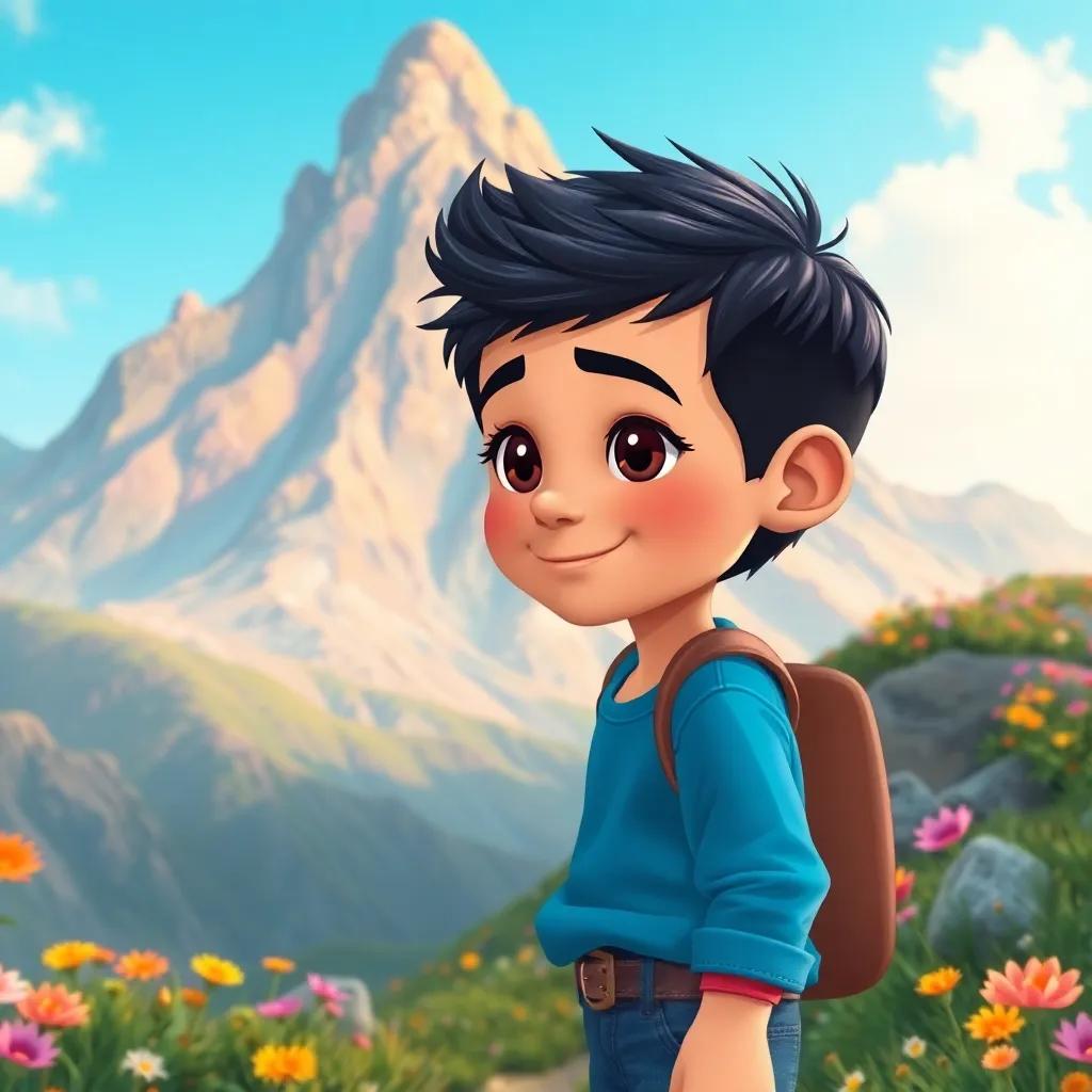 A young Arab boy, حسن, with short black hair, wearing a blue shirt and jeans, exploring a beautiful mountain with colorful flowers and a clear sky, adventurous spirit, illustration, vibrant colors, fun perspective, high quality