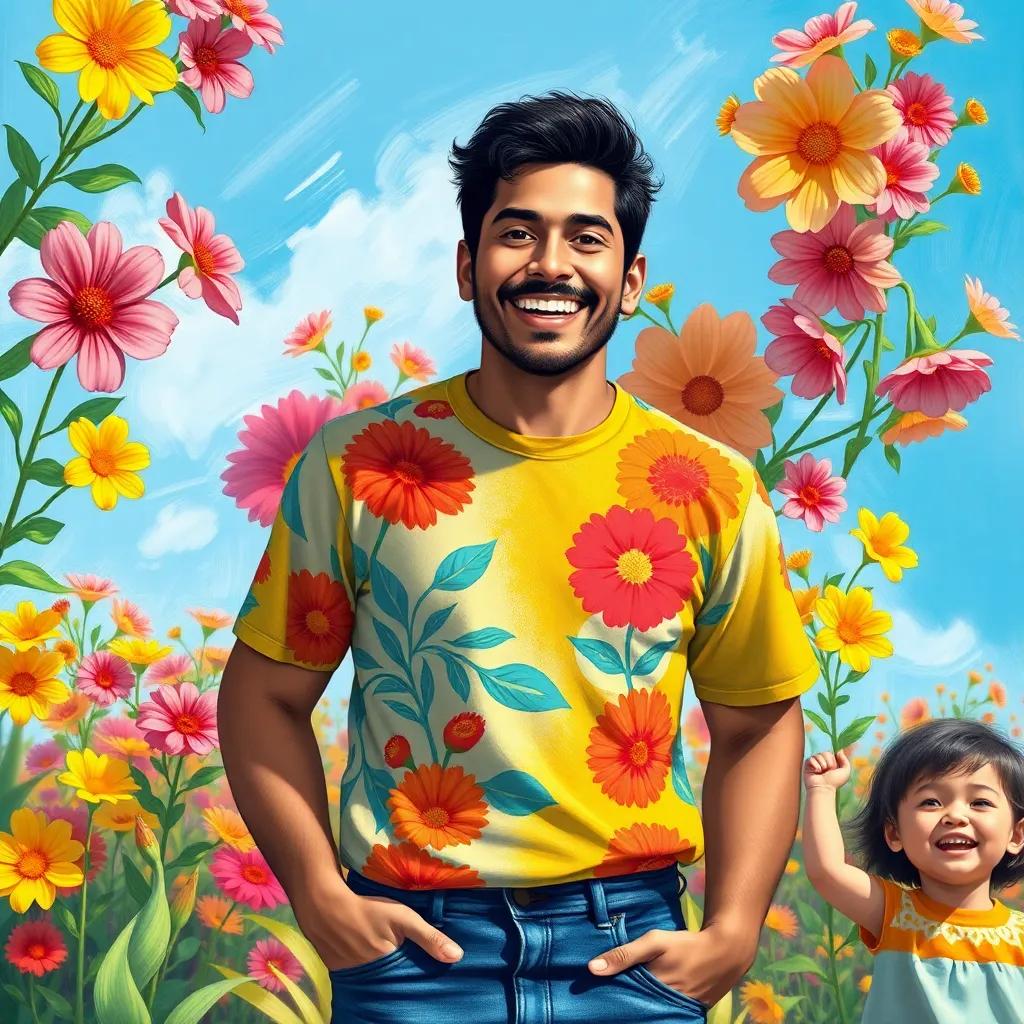 A cheerful man, Salim, with a big smile, wearing a colorful t-shirt and jeans, surrounded by blooming flowers and laughing children, bright sunny day, vibrant colors, warm and inviting atmosphere, digital art, high quality